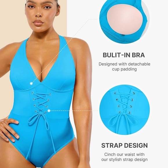 SHAPELLX Women's Slimming Swimwear Push Up V Neck Tummy Control Swim Suits Blue - Picture 3 of 9